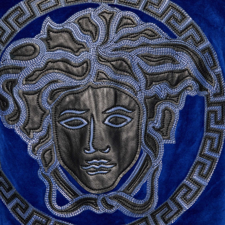 Pre Owned Versace Blue Velvet Medusa Applique Hooded Jacket XS