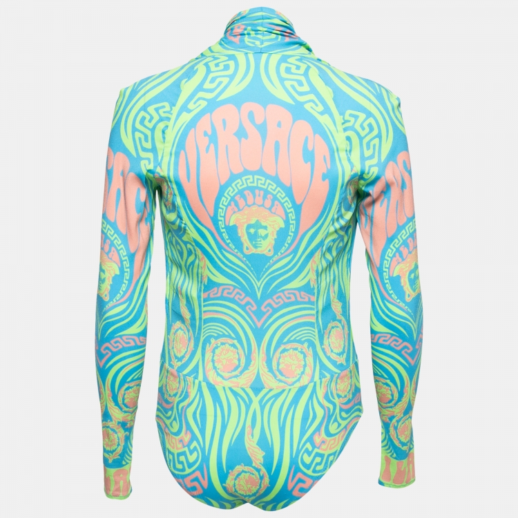 Pre Owned Versace Green Printed Crepe Long Sleeve Bodysuit S