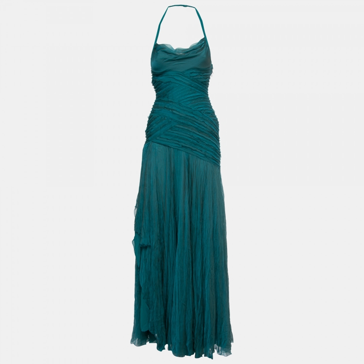 Pre Owned Versace Teal Blue Crinkled Chiffon Raw-Edge Detail Gown Dress S