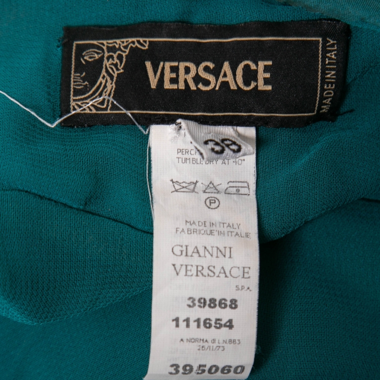 Pre Owned Versace Teal Blue Crinkled Chiffon Raw-Edge Detail Gown Dress S