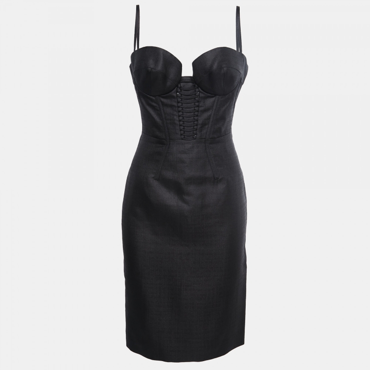 Pre Owned Versace Black Silk Bustier Midi Dress M