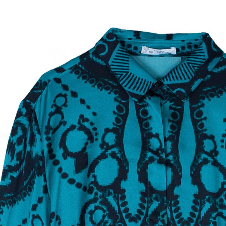 Pre Owned Versace Green Pixel Printed Silk Shirt L