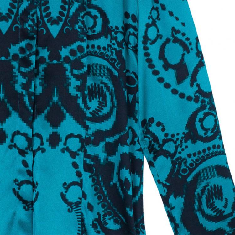 Pre Owned Versace Green Pixel Printed Silk Shirt L