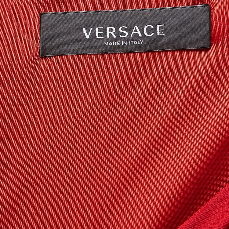 مملوكة مسبقًا Versace Red Tulle Trim Jersey Ruched Midi Bodycon Dress XS