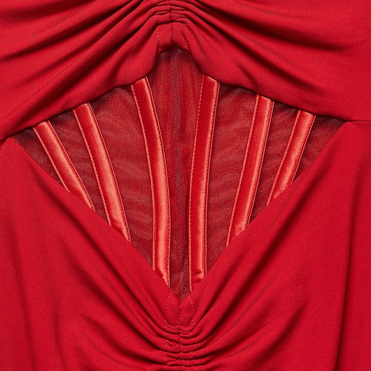 مملوكة مسبقًا Versace Red Tulle Trim Jersey Ruched Midi Bodycon Dress XS