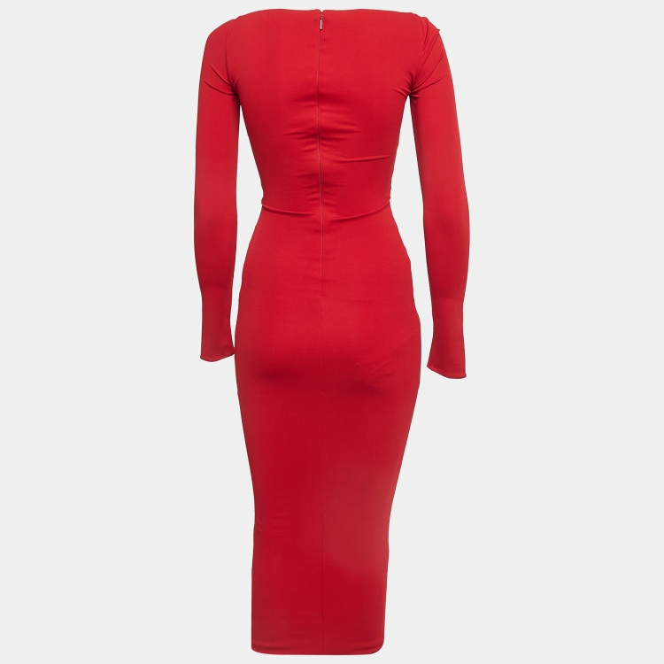مملوكة مسبقًا Versace Red Tulle Trim Jersey Ruched Midi Bodycon Dress XS