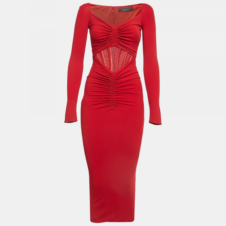 مملوكة مسبقًا Versace Red Tulle Trim Jersey Ruched Midi Bodycon Dress XS
