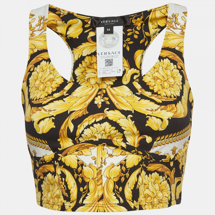 Pre Owned Versace Yellow Barocco Print Stretch Knit Crop Tank Top M