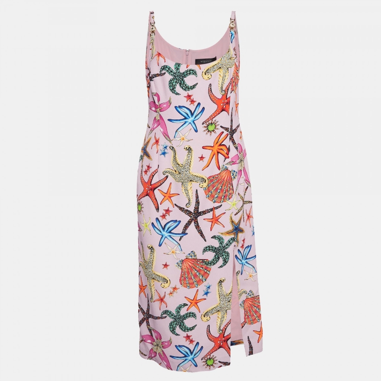 مملوكة مسبقًا Versace Pink Star Print Crepe Midi Dress L