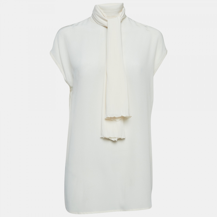 مملوكة مسبقًا Versace Cream Silk Collar Knot Top M