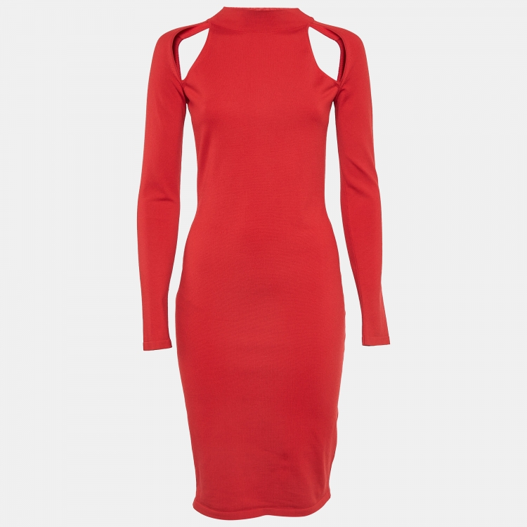 مملوكة مسبقًا Versace Red  Wool Cut-out Sheath Midi Dress M