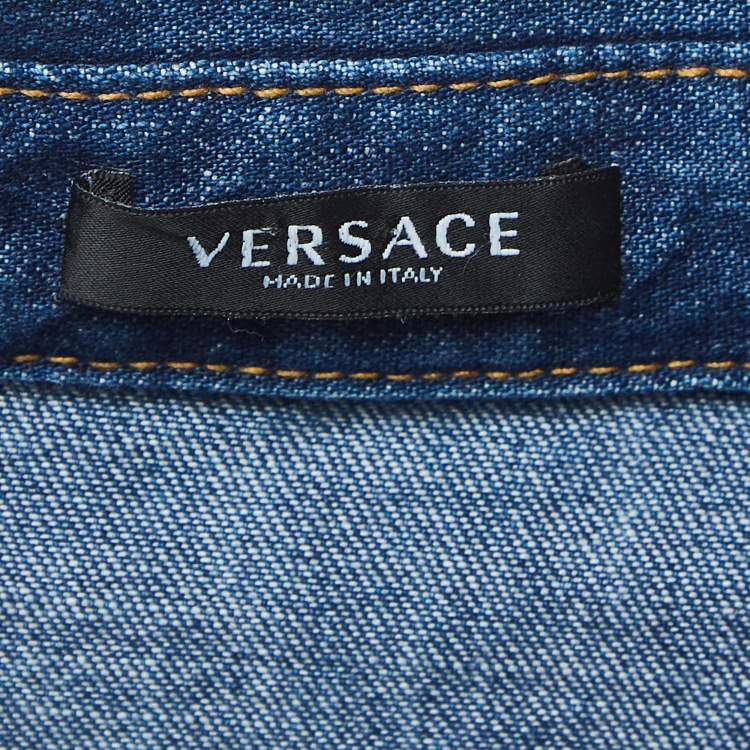 Pre Owned Versace Navy Blue Logo Print Denim Oversized Shirt S