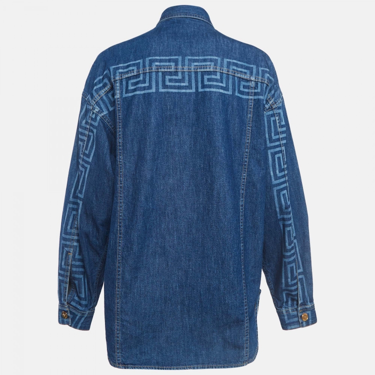 Pre Owned Versace Navy Blue Logo Print Denim Oversized Shirt S