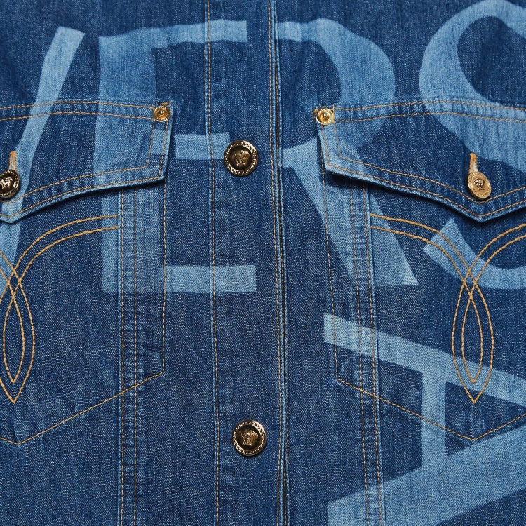 Pre Owned Versace Navy Blue Logo Print Denim Oversized Shirt S