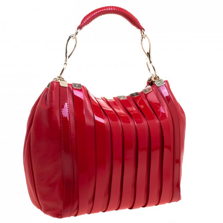 Pre Owned Versace Red Leather and Stripe Patent Leather Hobo