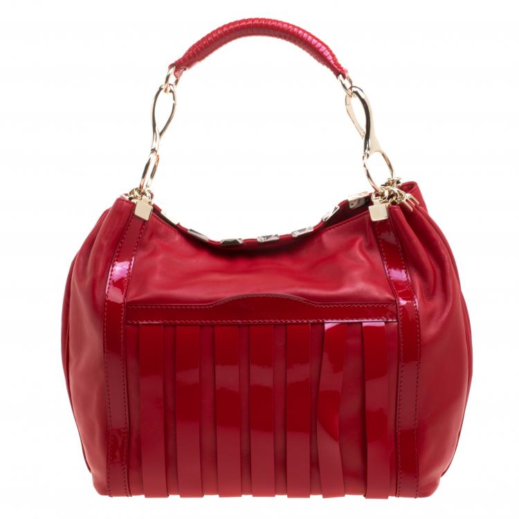 Pre Owned Versace Red Leather and Stripe Patent Leather Hobo