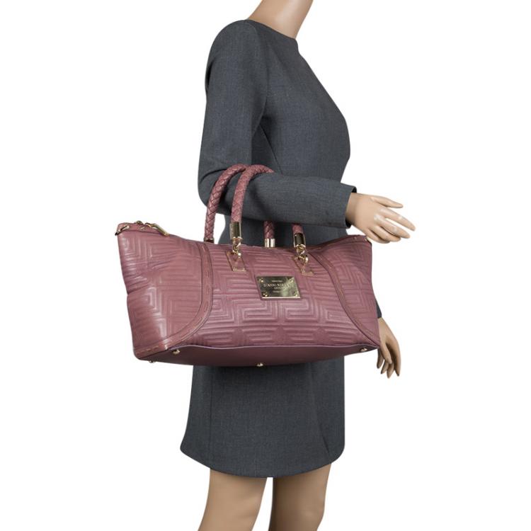 Pre Owned Versace Cedar Dark Beige Embossed Leather Braided Satchel