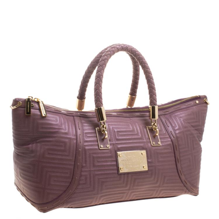 Pre Owned Versace Cedar Dark Beige Embossed Leather Braided Satchel