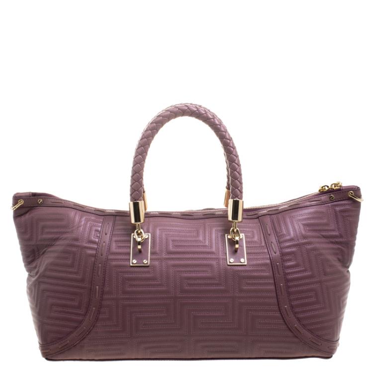 Pre Owned Versace Cedar Dark Beige Embossed Leather Braided Satchel