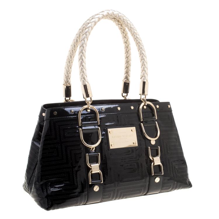 Pre Owned Versace Black Quilted Patent Leather Snap Out Of It Tote