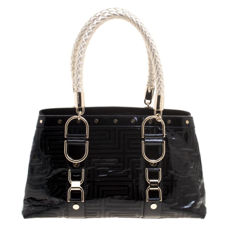 Pre Owned Versace Black Quilted Patent Leather Snap Out Of It Tote