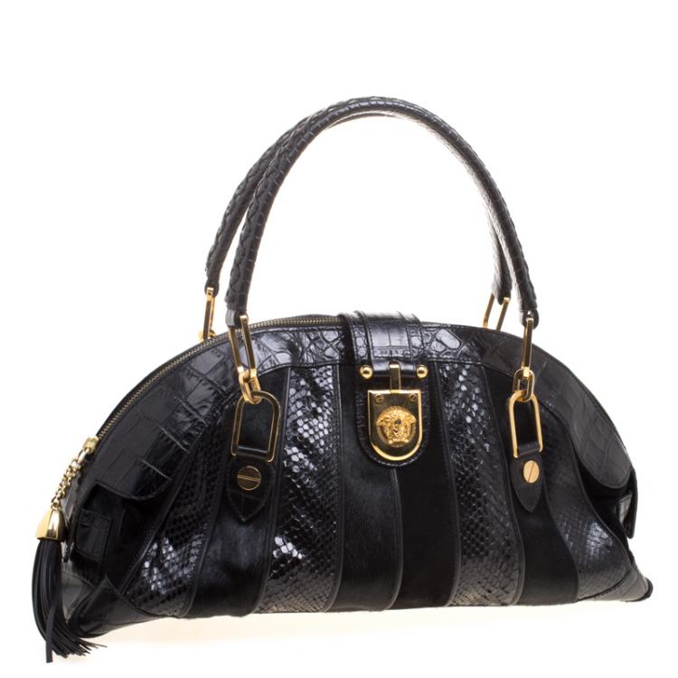Pre Owned Versace Black Croc, Python, Calfhair and Suede Satchel