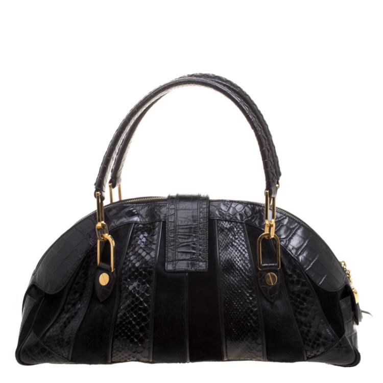 Pre Owned Versace Black Croc, Python, Calfhair and Suede Satchel