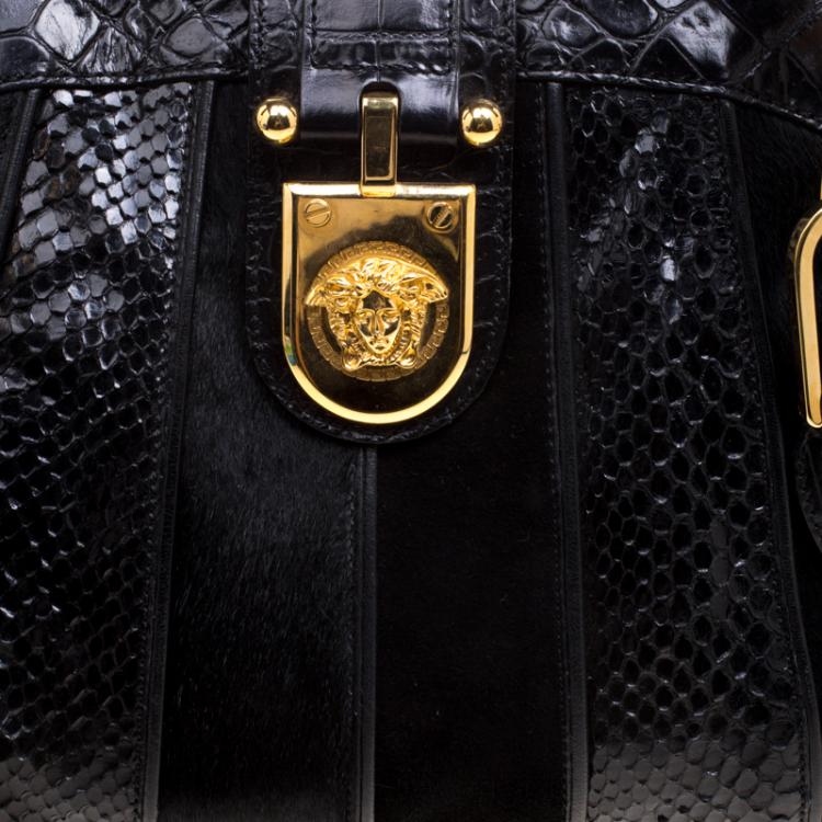 Pre Owned Versace Black Croc, Python, Calfhair and Suede Satchel