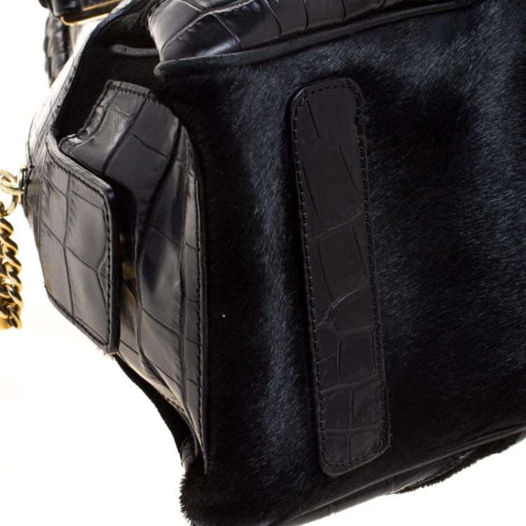 Pre Owned Versace Black Croc, Python, Calfhair and Suede Satchel