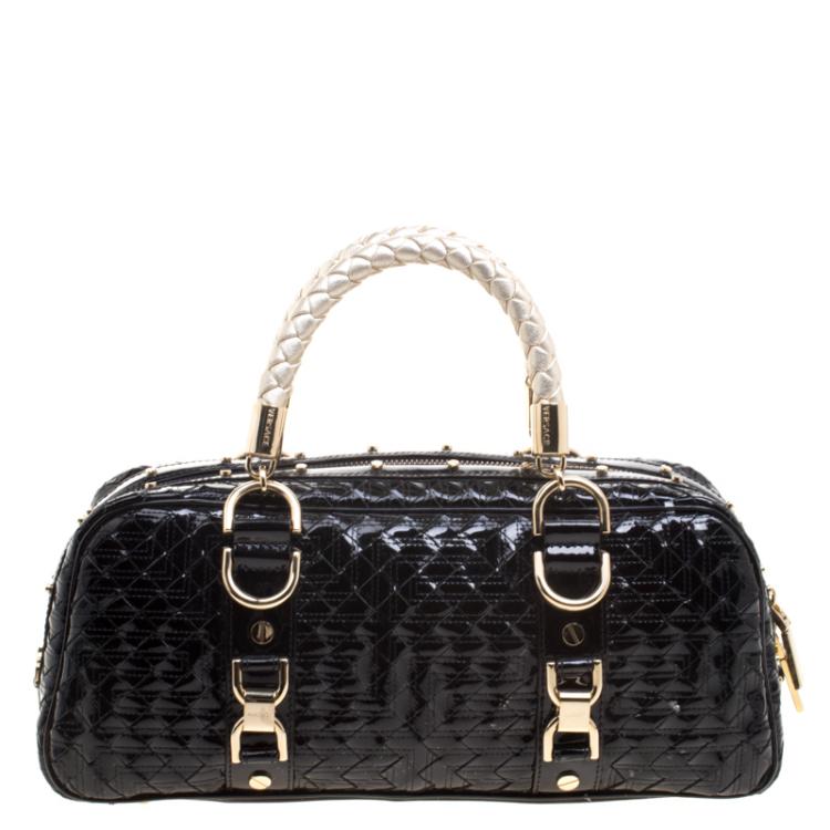 Pre Owned Versace Black Woven Patent Leather Snap Out Of It  Satchel