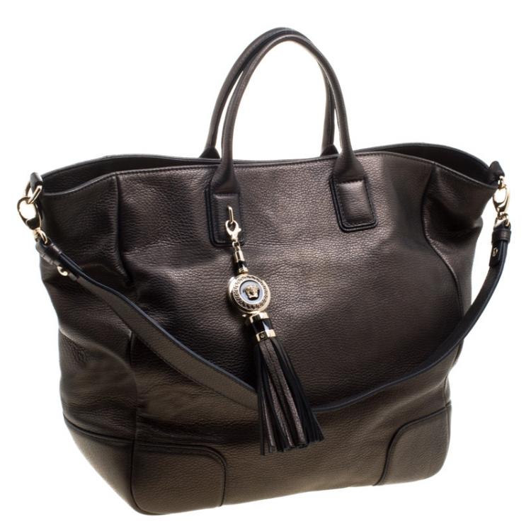 Pre Owned Versace Gun Metal Leather Elettra Vanitas Tote
