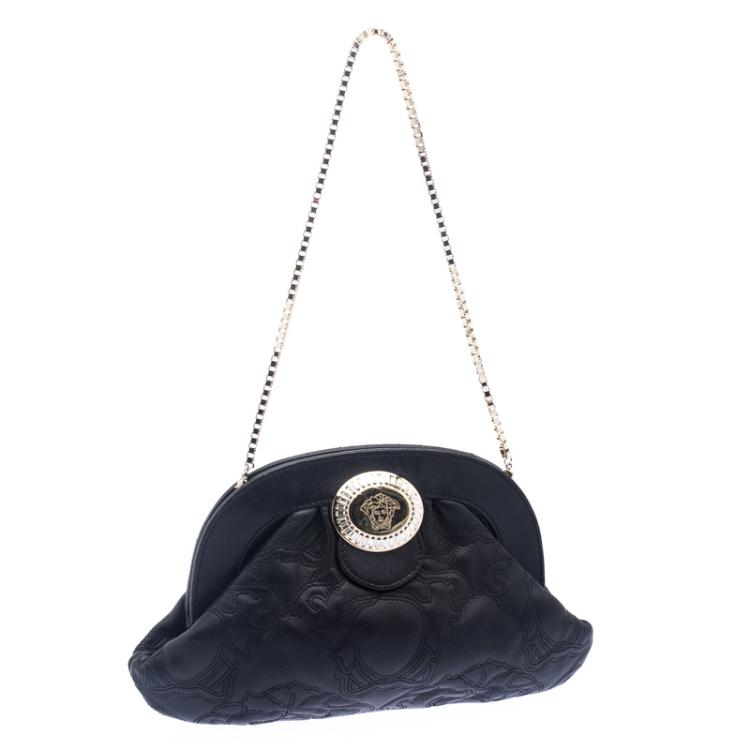 Pre Owned Versace Black Leather Frame Clutch