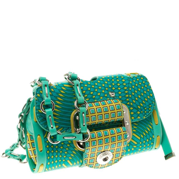 Pre Owned Versace Green/Yellow Printed Leather Crossbody Bag