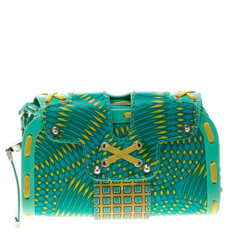 Pre Owned Versace Green/Yellow Printed Leather Crossbody Bag