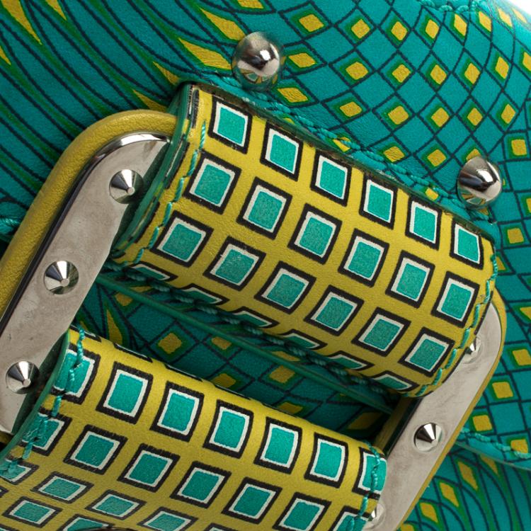 Pre Owned Versace Green/Yellow Printed Leather Crossbody Bag
