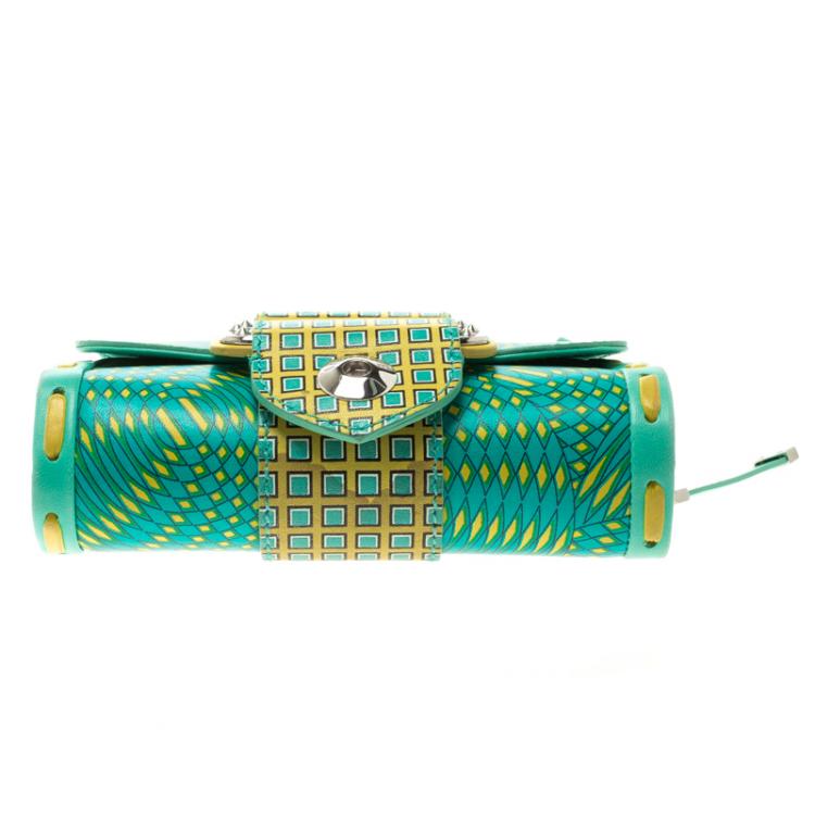 Pre Owned Versace Green/Yellow Printed Leather Crossbody Bag