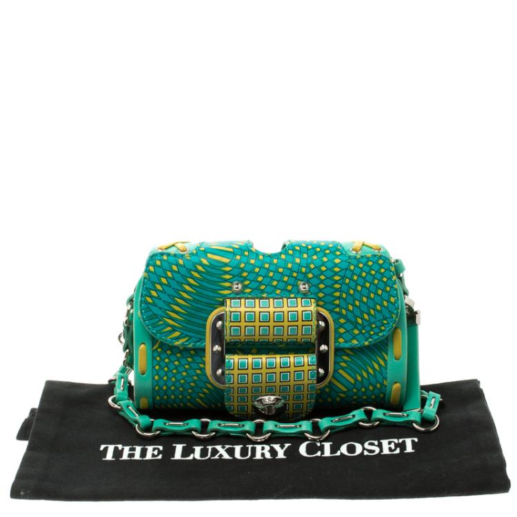 Pre Owned Versace Green/Yellow Printed Leather Crossbody Bag