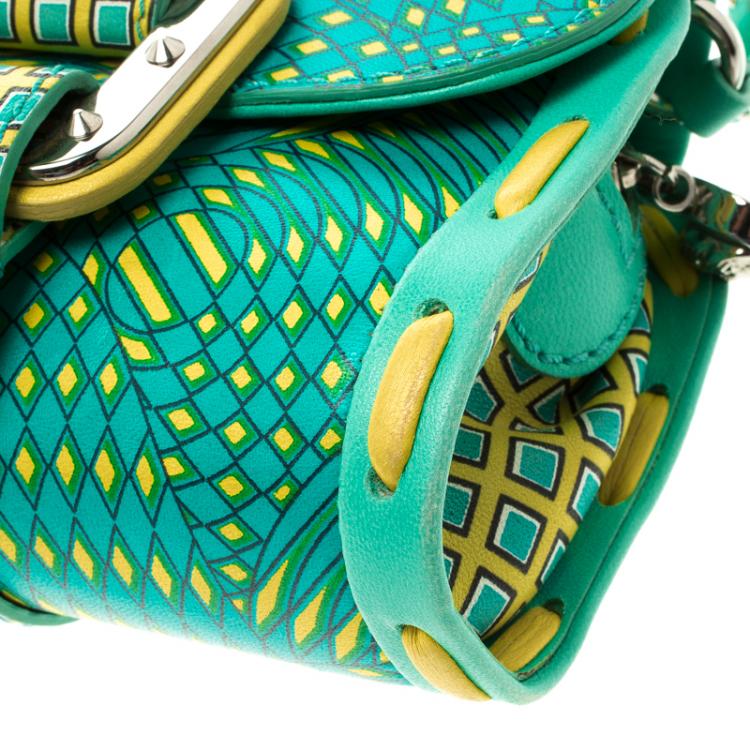 Pre Owned Versace Green/Yellow Printed Leather Crossbody Bag