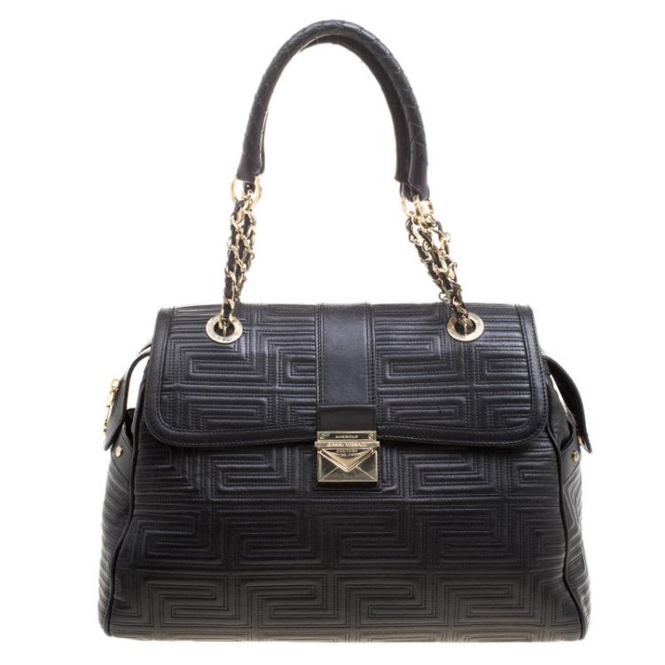 Pre Owned Versace Black Embossed Leather Braided Satchel