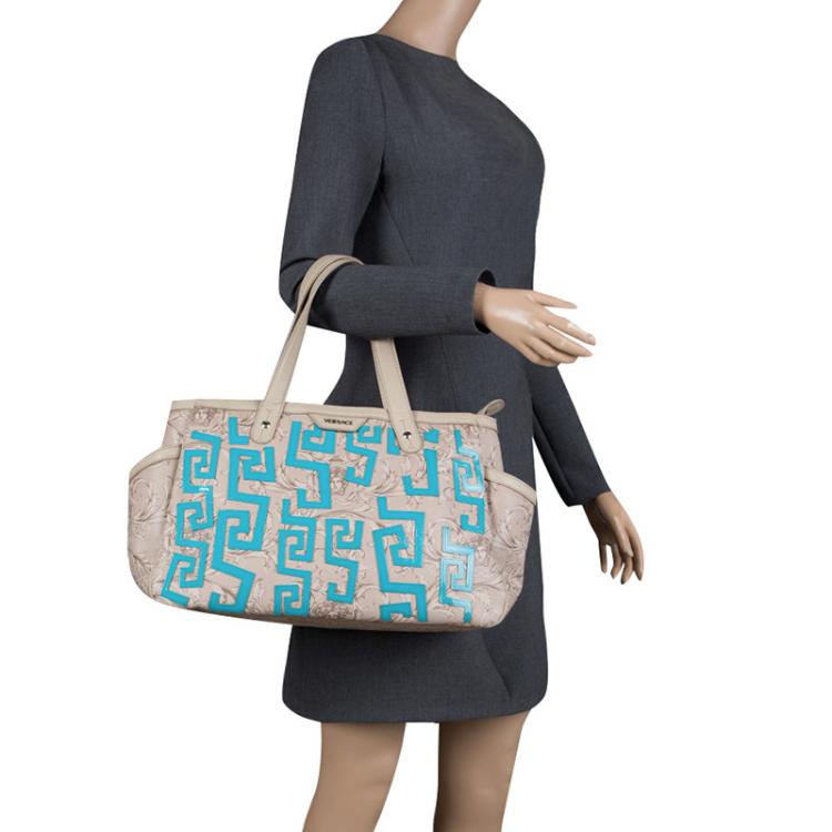 Pre Owned Versace Beige Medusa Print Leather Tote