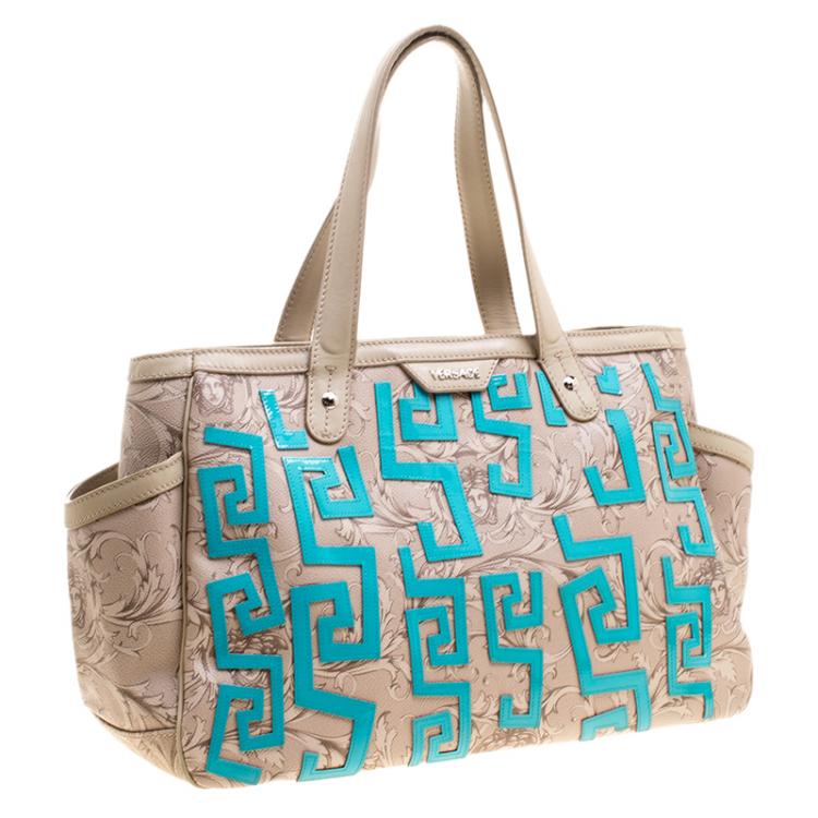 Pre Owned Versace Beige Medusa Print Leather Tote