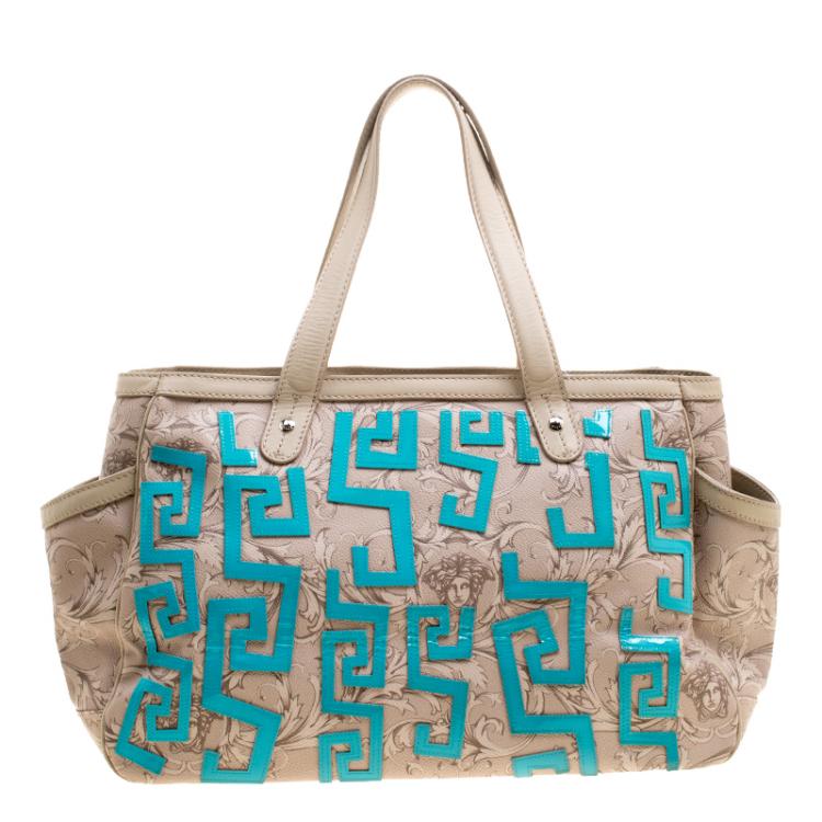 Pre Owned Versace Beige Medusa Print Leather Tote