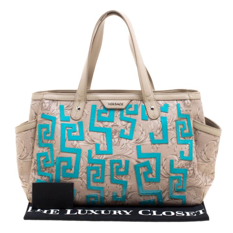 Pre Owned Versace Beige Medusa Print Leather Tote