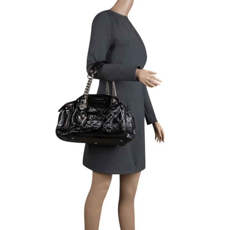 Pre Owned Versace Holographic Black Textured Patent Leather Satchel