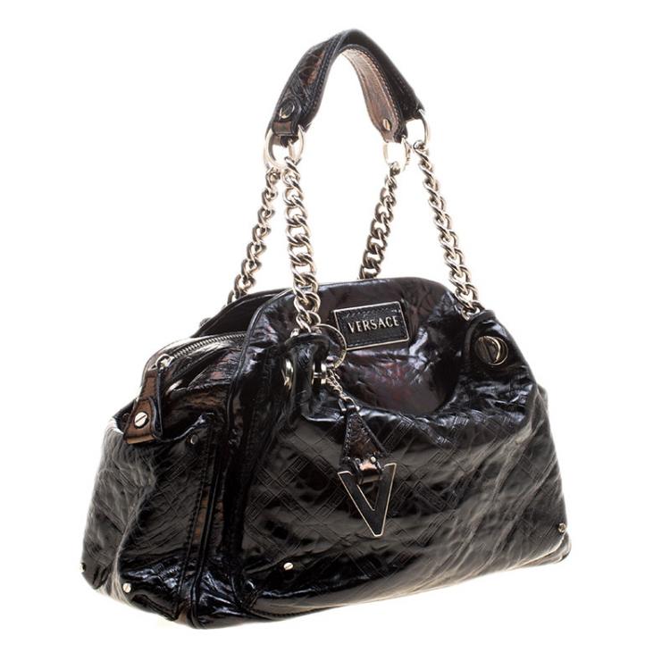 Pre Owned Versace Holographic Black Textured Patent Leather Satchel