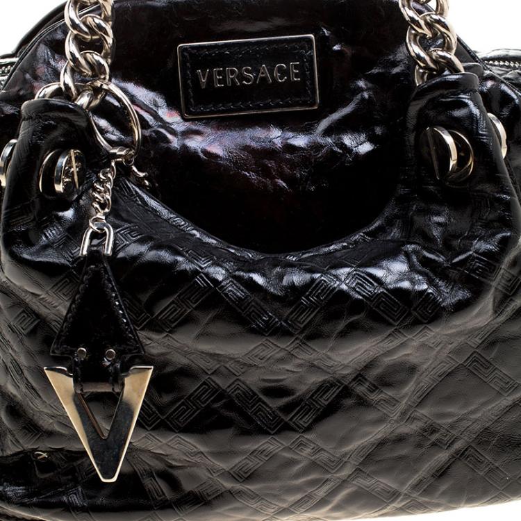 Pre Owned Versace Holographic Black Textured Patent Leather Satchel