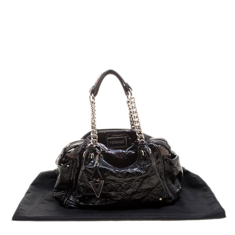 Pre Owned Versace Holographic Black Textured Patent Leather Satchel