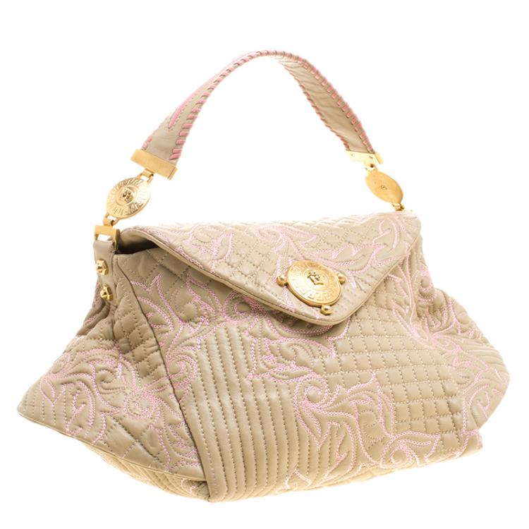 مملوكة مسبقًا Versace Beige/Pink Quilted Barocco Leather Top Handle Bag