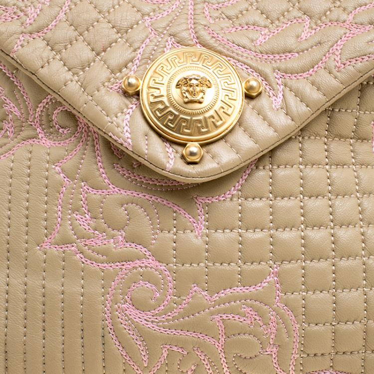 مملوكة مسبقًا Versace Beige/Pink Quilted Barocco Leather Top Handle Bag