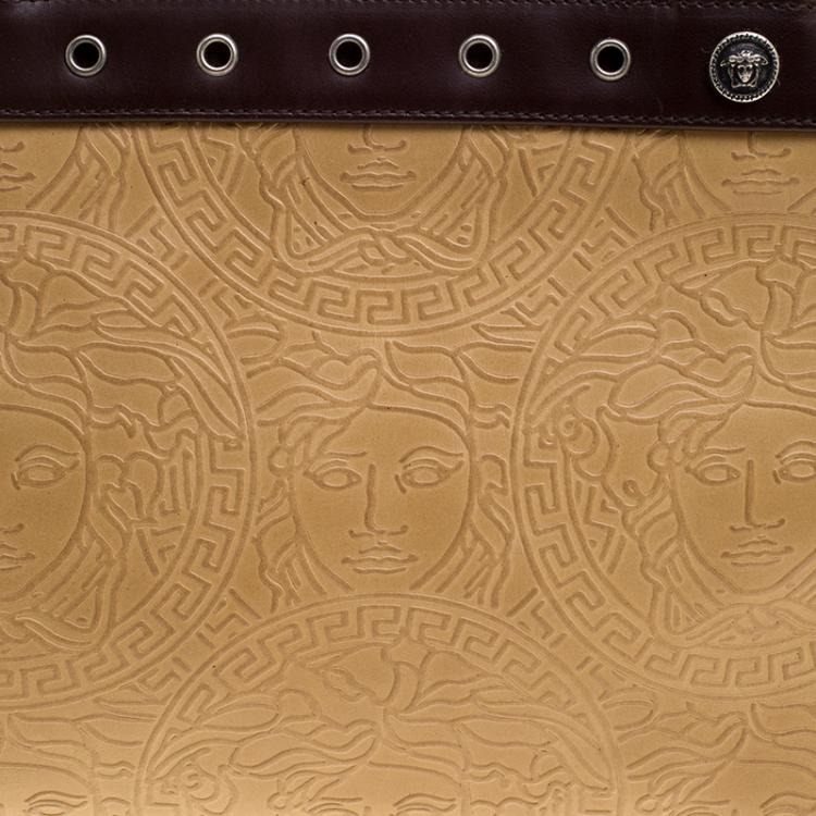 Pre Owned Versace Beige and Brown Medusa Embossed Leather Tote
